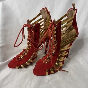 LTTL Women's 38 Euro Roman Peep toe Lace Up High Heels Rust Orange Gold